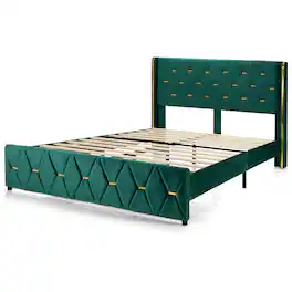 Costway - Full Upholstered Platform Bed Frame Adjustable Headboard Footboard Modern - Green