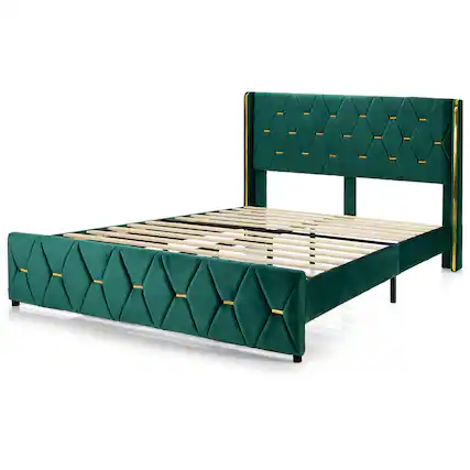 Front. Costway - Costway Full Upholstered Platform Bed Frame Adjustable Headboard Footboard Modern - Green.