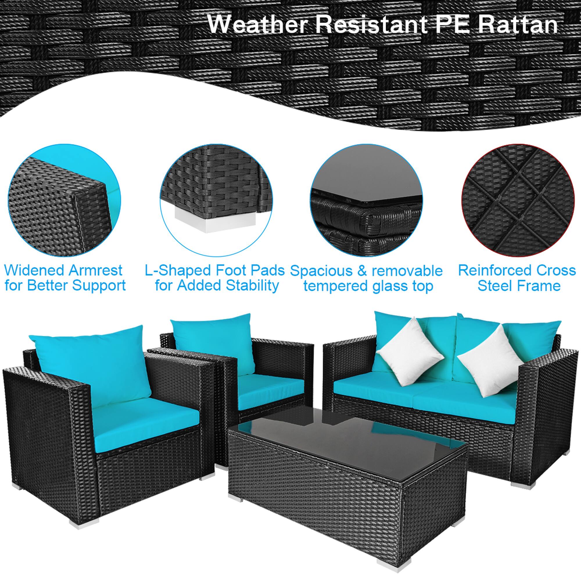 Weather Resistant PE Rattan, Widened Armrest for Better Support, L-Shaped Foot Pads for Added Stability, Spacious & removable tempered glass top, Reinforced Cross Steel Frame