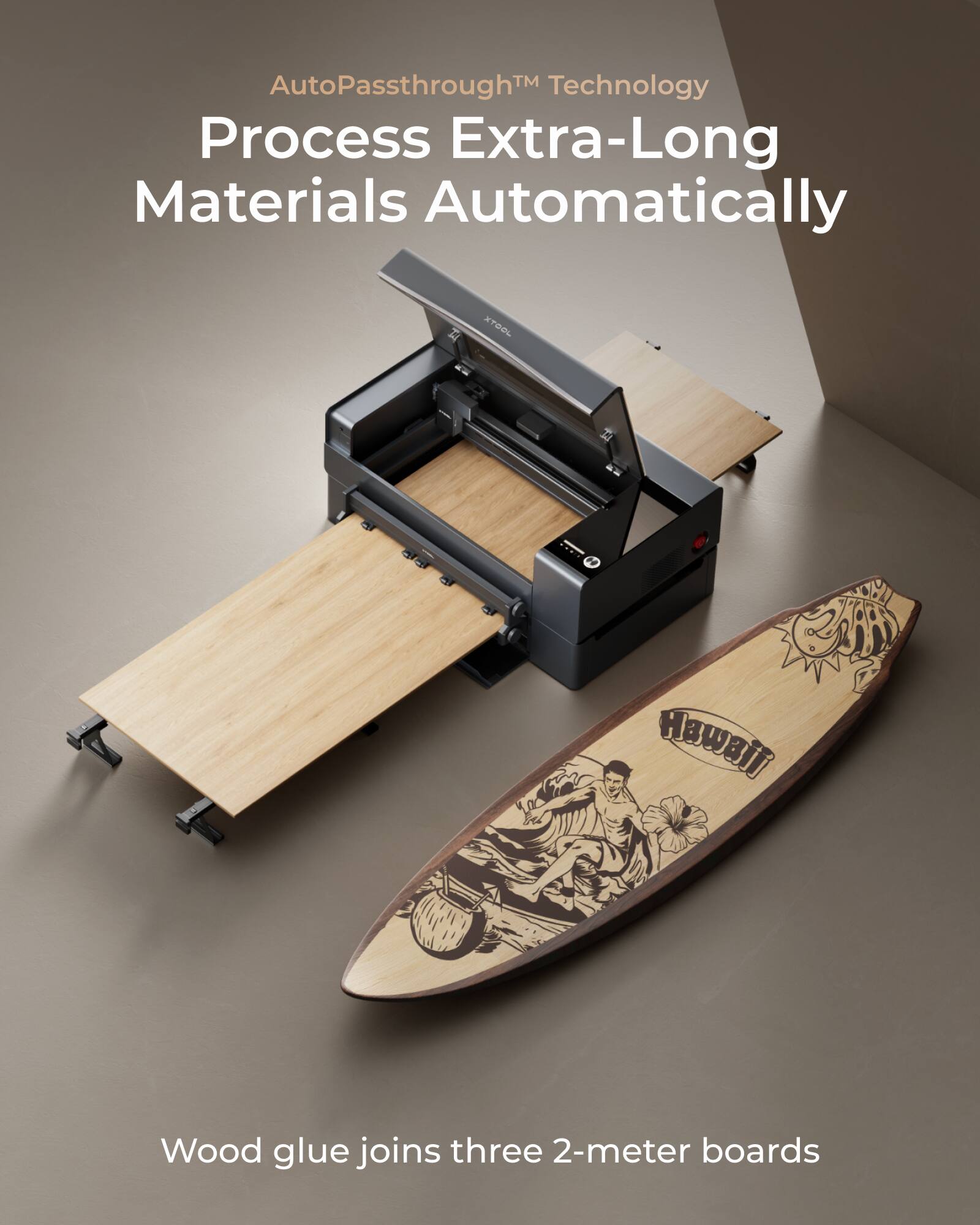 AutoPassthrough™ Technology  
Process Extra-Long Materials Automatically  

Wood glue joins three 2-meter boards