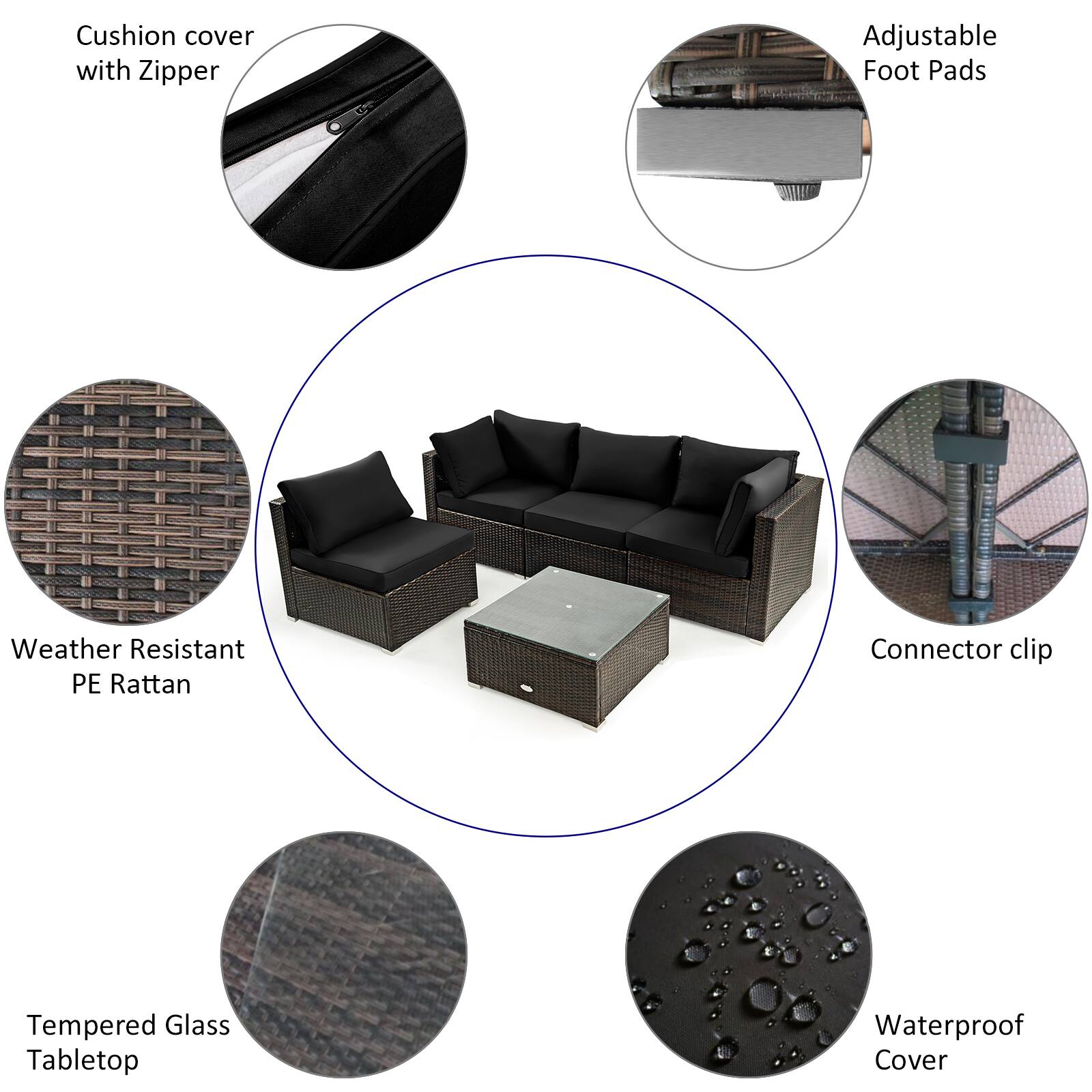 - Cushion cover with Zipper
- Adjustable Foot Pads
- Weather Resistant PE Rattan
- Connector clip
- Tempered Glass Tabletop
- Waterproof Cover