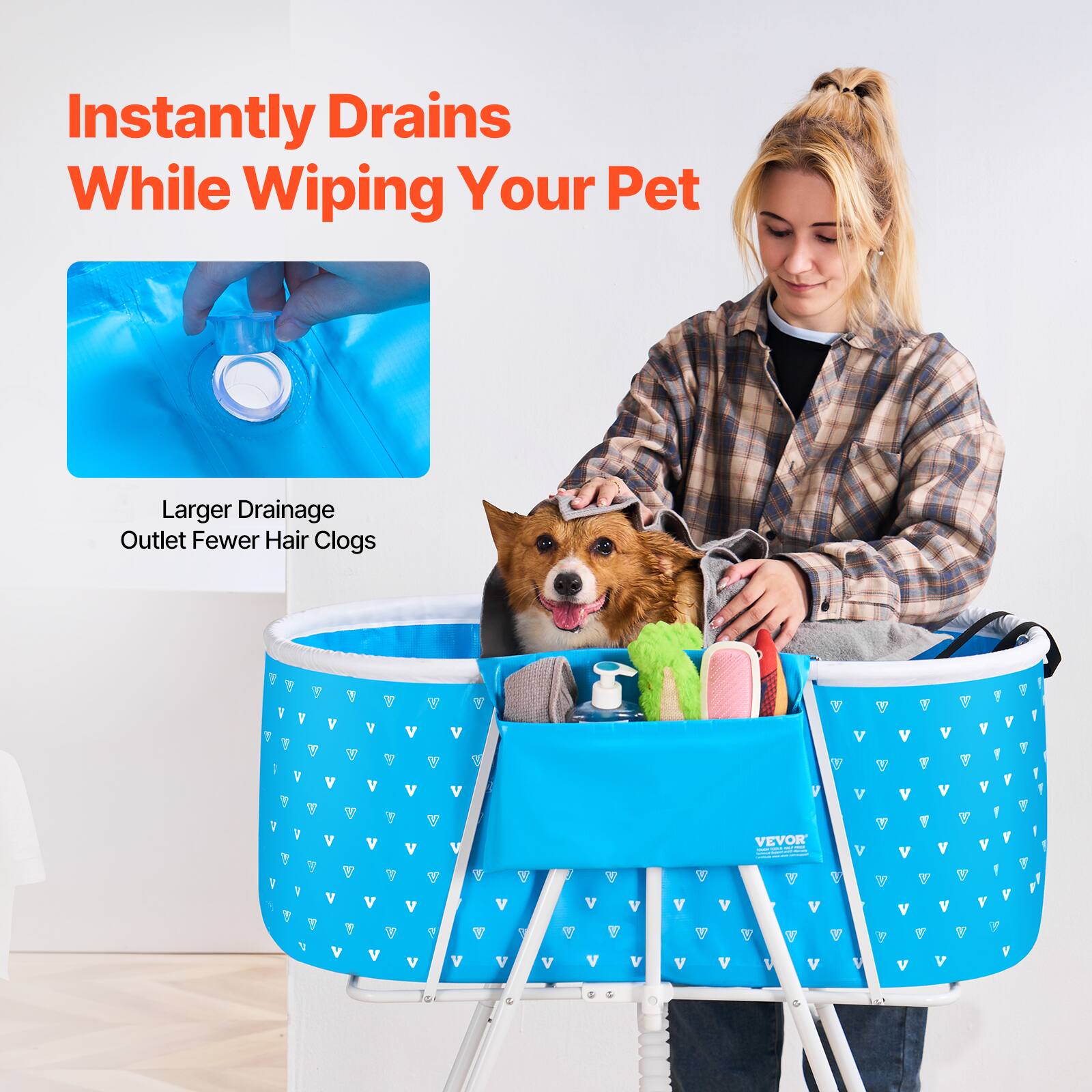 Instantly Drains While Wiping Your Pet

Larger Drainage Outlet Fewer Hair Clogs
