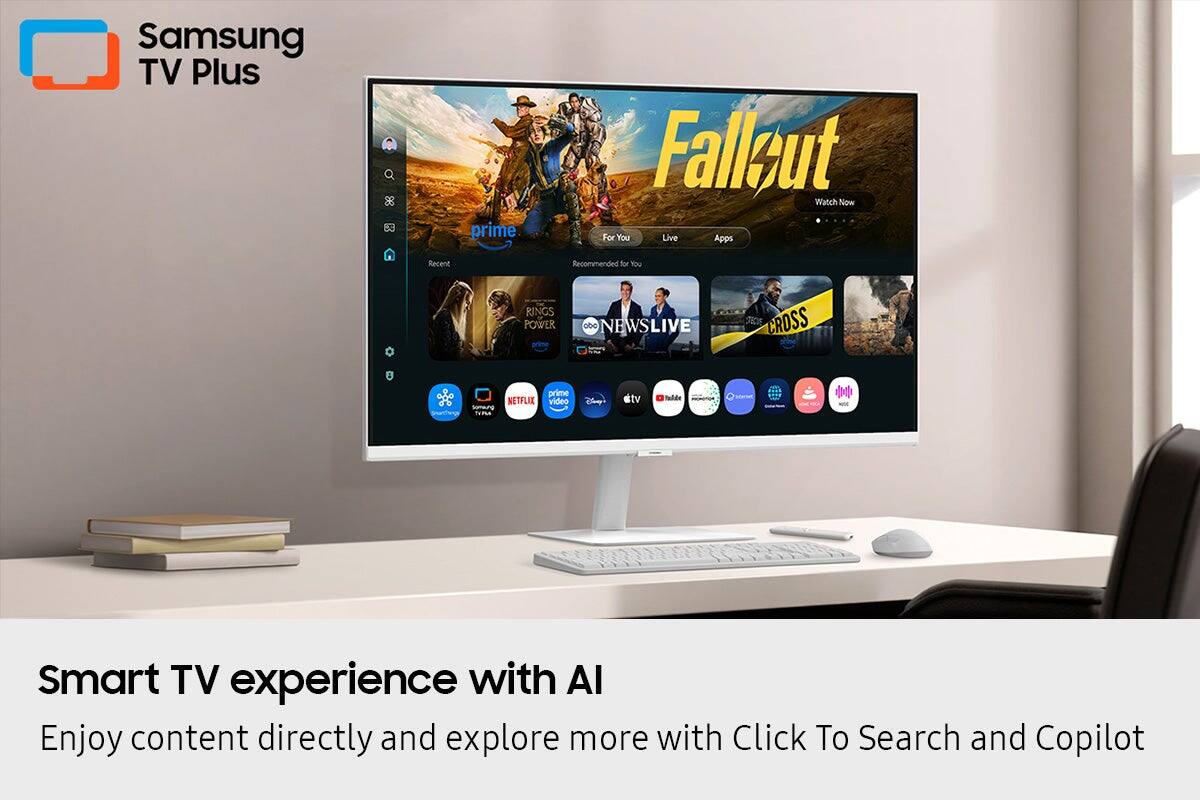 Samsung TV Plus offers an 88-inch prime fallout watch now for you, live apps, recent recommendations, and more. Enjoy a smart TV experience with AI, allowing you to enjoy content directly and explore more with click-to-search and copilot.