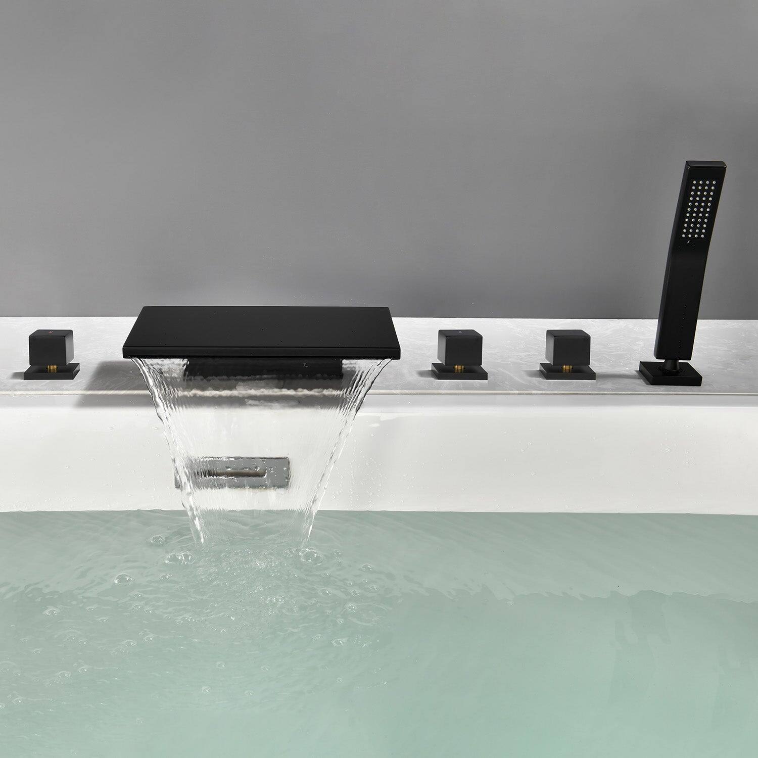 Alt View 1. Boyel Living - Black Five-Hole Waterfall Bath Faucet with Handheld Shower SUS304 Material cUPC Certified - Matte Black.