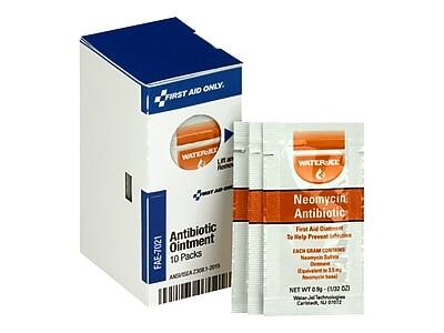 FIRST AID ONLY.

Antibiotic Ointment
10 Packs
FAE-7021

Neomycin Antibiotic
First Aid Ointment
To Help Prevent Infection
Each Cream Contains:
Neomycin Sulfate 0.5% (Equivalent to 5 mg)
Net WT 0.9g (1/32 oz)
Water-Jel Technologies
Carmel, IN 46032