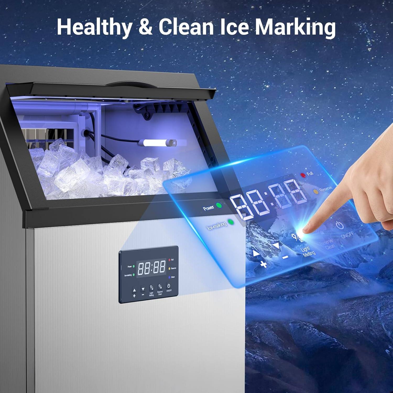Healthy & Clean Ice Marking

88:88

Full Reserve Power

Ice Making

ON/OFF

Relenvel Clean Light

Meltirg