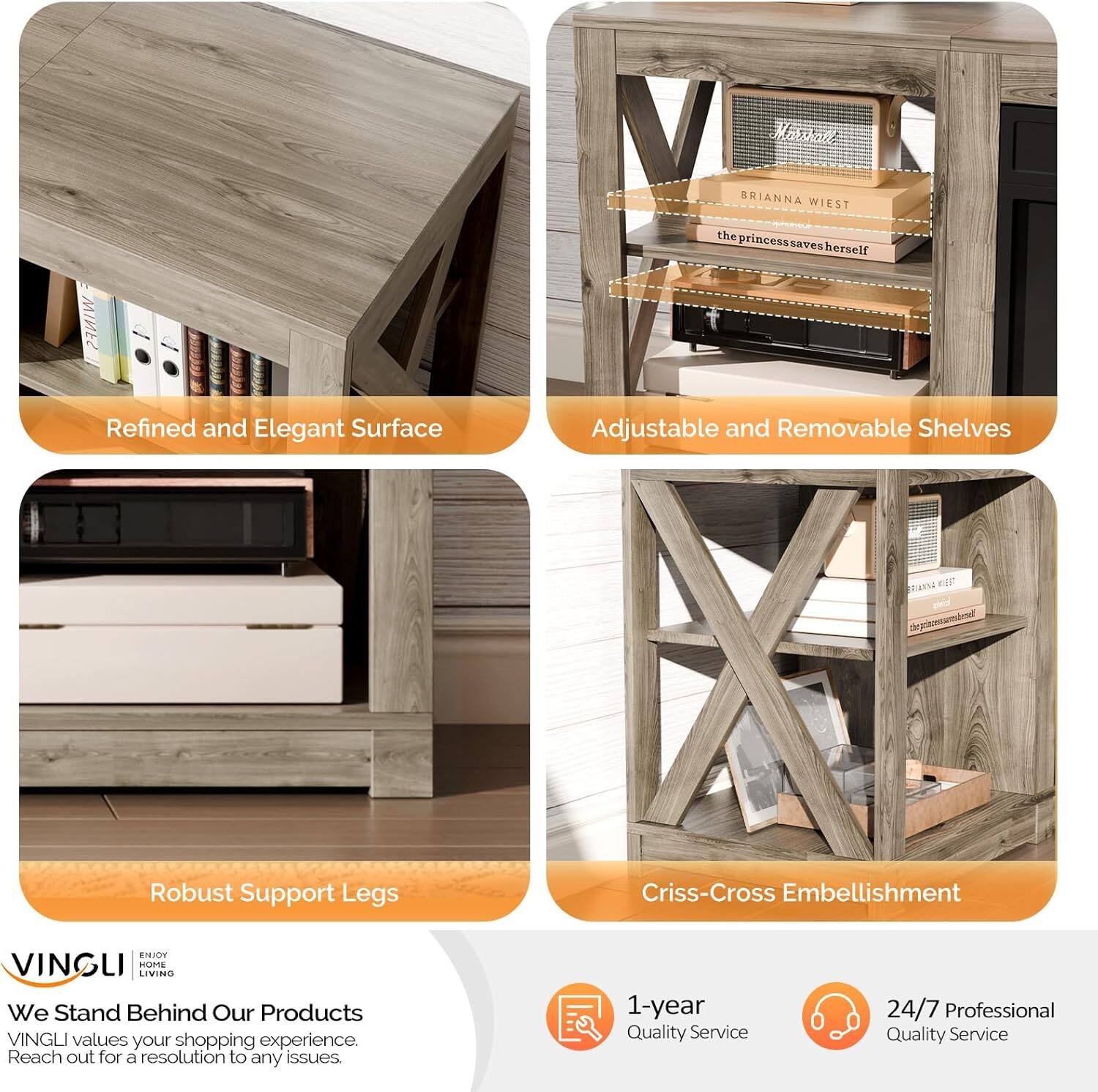 - Refined and Elegant Surface
- Adjustable and Removable Shelves
- Robust Support Legs
- Criss-Cross Embellishment

We Stand Behind Our Products  
VINGLI values your shopping experience. Reach out for a resolution to any issues.

1-year Quality Service  
24/7 Professional Quality Service