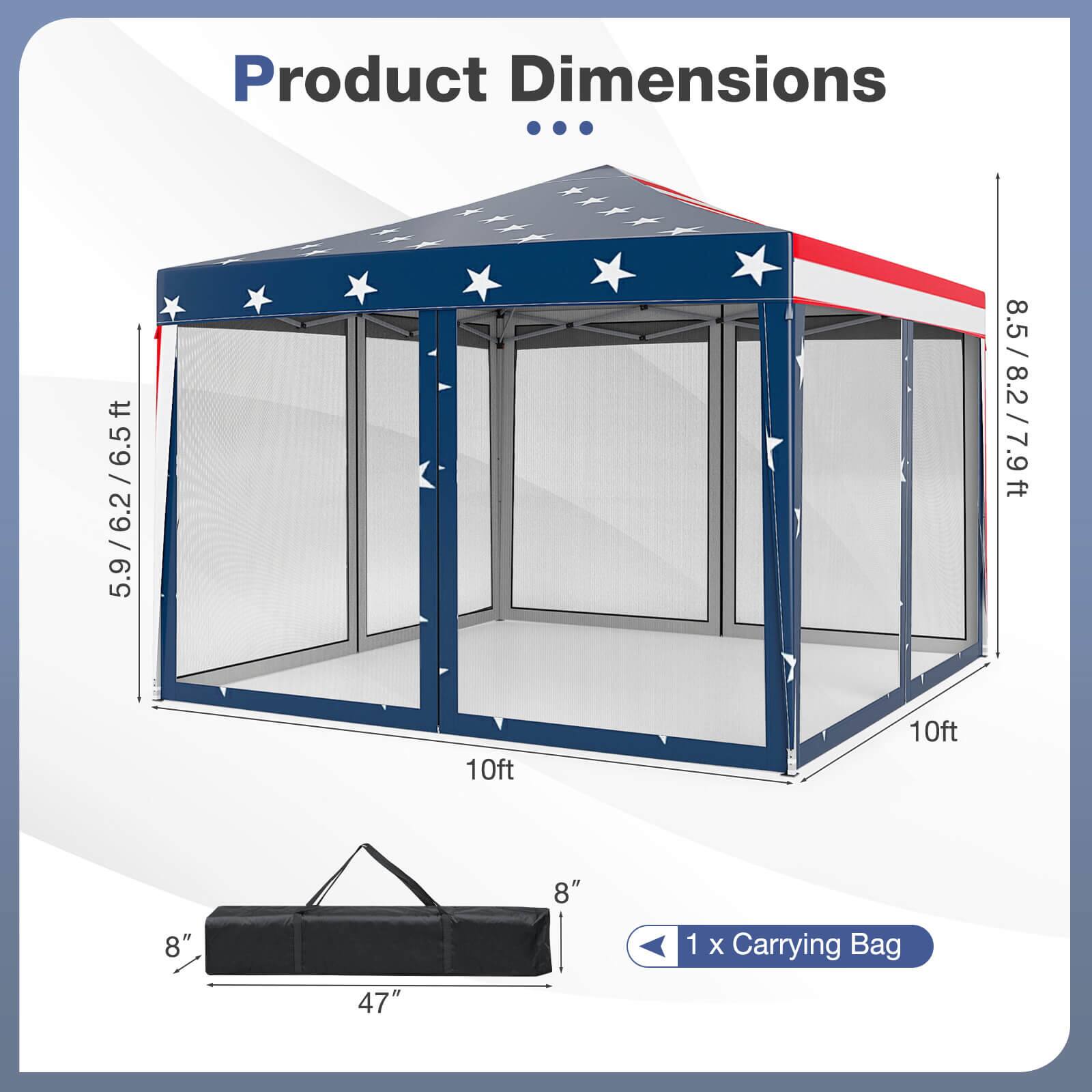 ft 5.9 / 6.2 / 6.5  
Product Dimensions ... 10ft 10ft  
8.5 / 8.2 / 7.9 ft  
8"  
8"  
1 x Carrying Bag  
" 47"