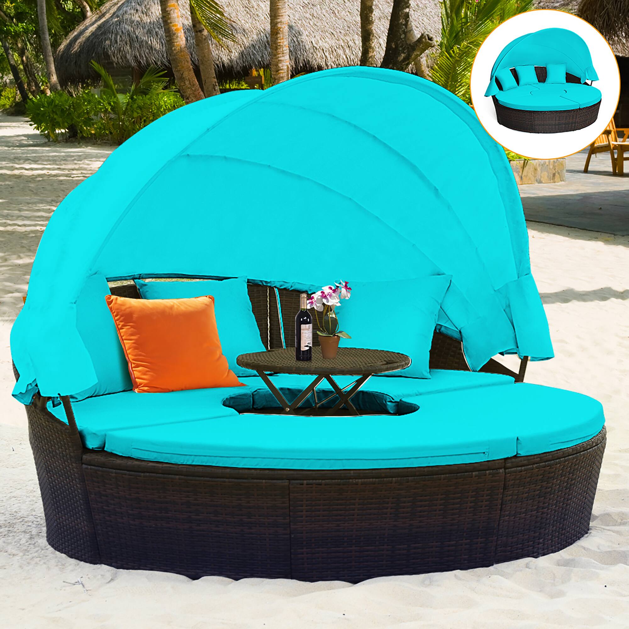 Alt View 8. Costway - Patio Rattan Daybed Cushioned Sofa Adjustable Table Top Canopy - Turquoise.