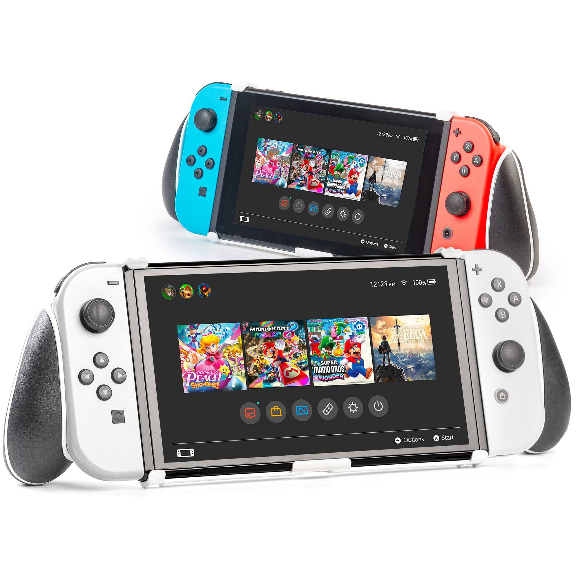 The image shows two Nintendo Switch game consoles, one red and one blue, sitting side by side. The screens of the consoles display a selection of games, including Mario Bros. and Princess Peach. The consoles are equipped with controllers, and the time displayed on the screens is 12:29.