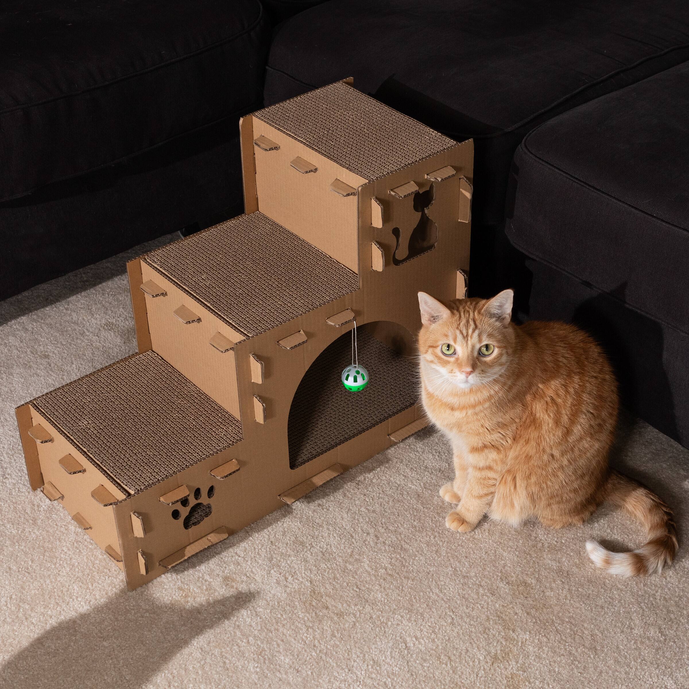 Alt View 1. PetMaker - Cat House Cardboard Cat House with Scratching Pads, Toys, and Catnip 3-Story Cat Houses - Brown.