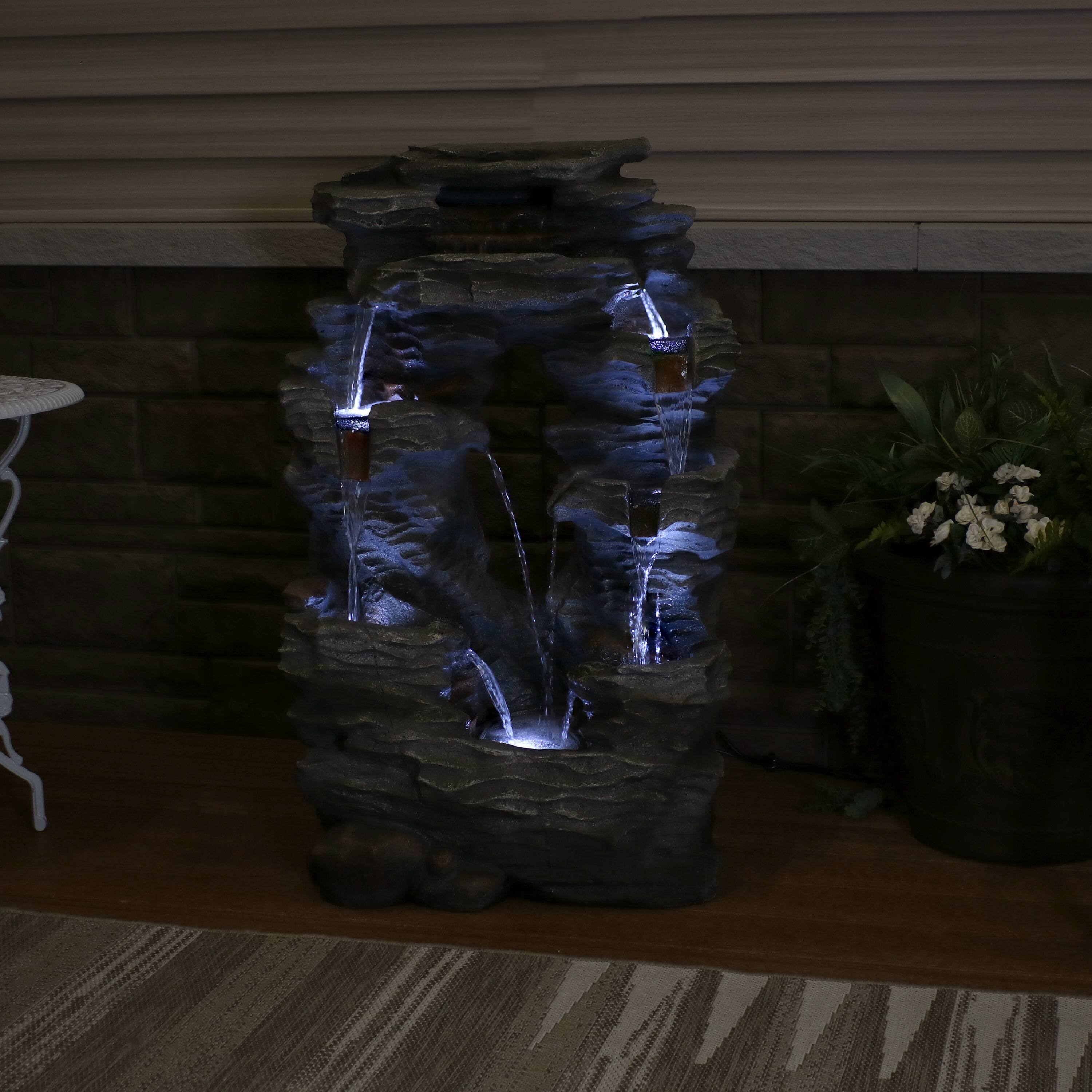 Alt View 5. Sunnydaze - Dual Cascading Rock Waterfall Fountain with LED Lights - 39 in - Grey.