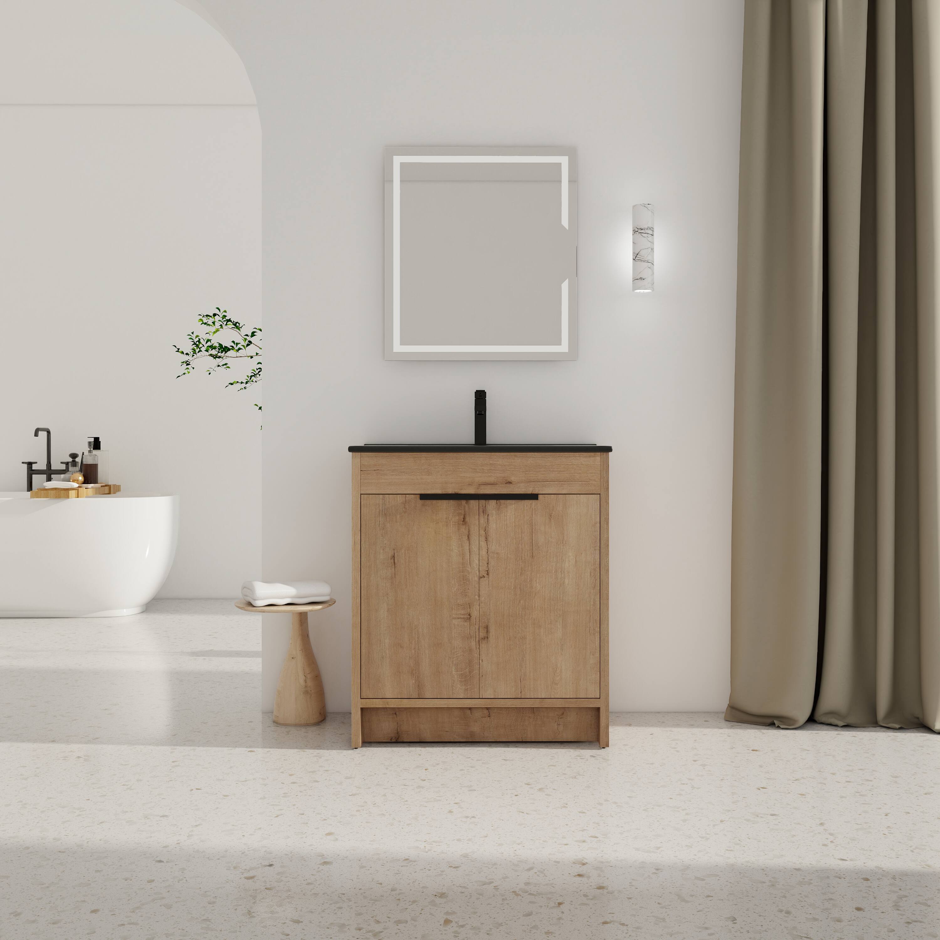 Front. TinyHomie - 30in Freestanding Bathroom Cabinet With Basin and 2 Soft-Close Cabinet Doors KD-PACKING - Imitative Oak.