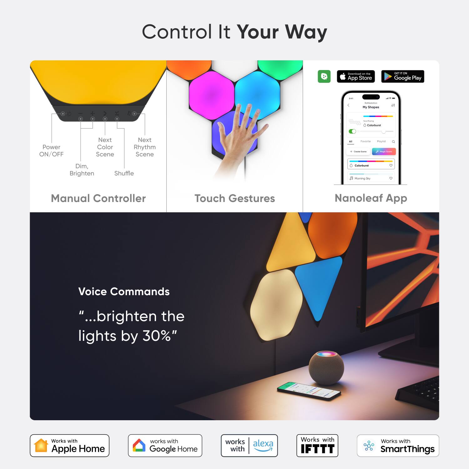 Control It Your Way - App Store - Google Play - Manual Controller - Touch Gestures - Nanoleaf App - Voice Commands - Brighten the lights by 30% - Works with Apple Home - Works with Google Home - Works with Alexa - Works with IFTTT - Works with SmartThings