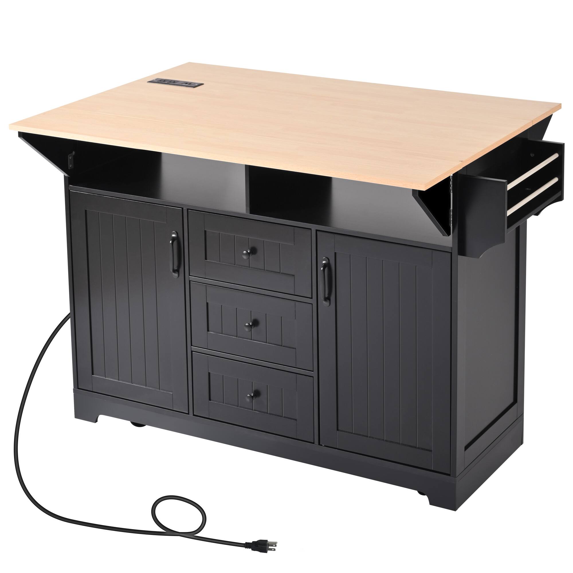 Left. Whisen - 56" Large Kitchen Island, Rolling Cart with Power Outlet, Drop Leaf for Dining Room - Black.