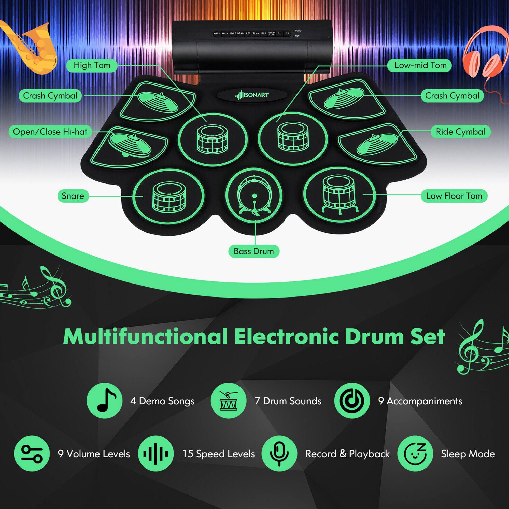 - High Tom
- Low-mid Tom
- Crash Cymbal
- Open/Close Hi-hat
- Snare
- Low Floor Tom
- Bass Drum
- Ride Cymbal

Multifunctional Electronic Drum Set

- 4 Demo Songs
- 7 Drum Sounds
- 9 Accompaniments
- 9 Volume Levels
- 15 Speed Levels
- Record & Playback
- Sleep Mode