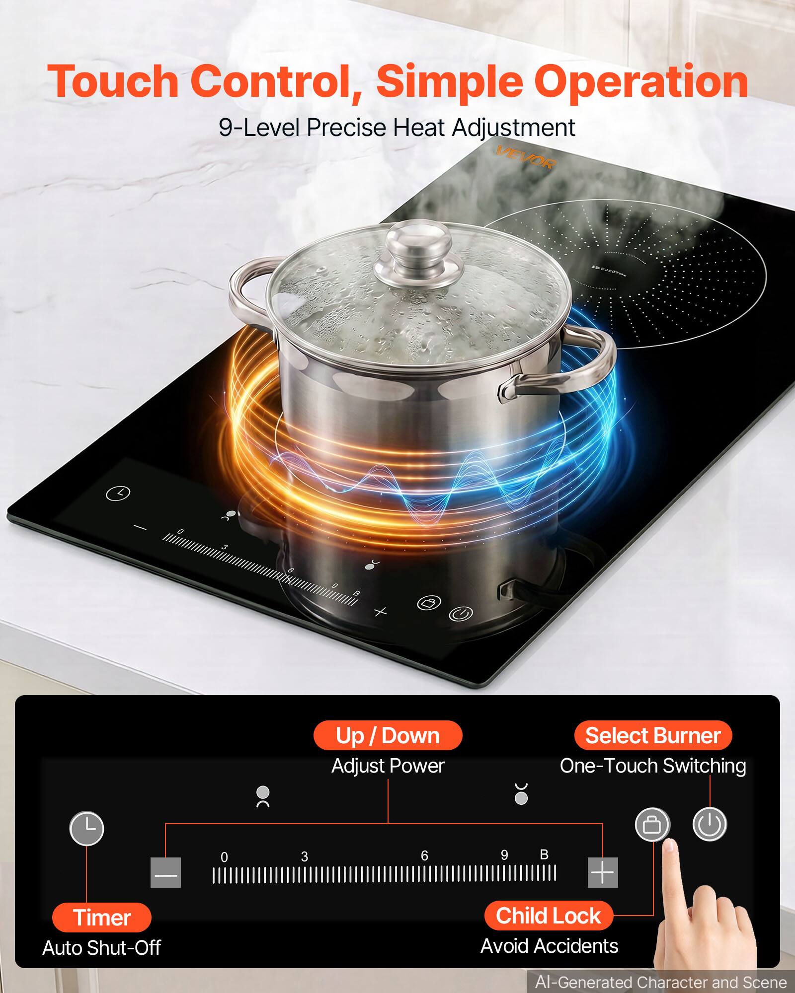 Touch Control, Simple Operation  
9-Level Precise Heat Adjustment  
VEVOR  

Up / Down  
Adjust Power  

Select Burner  
One-Touch Switching  

Timer  
Auto Shut-Off  

Child Lock  
Avoid Accidents  

AI-Generated Character and Scene