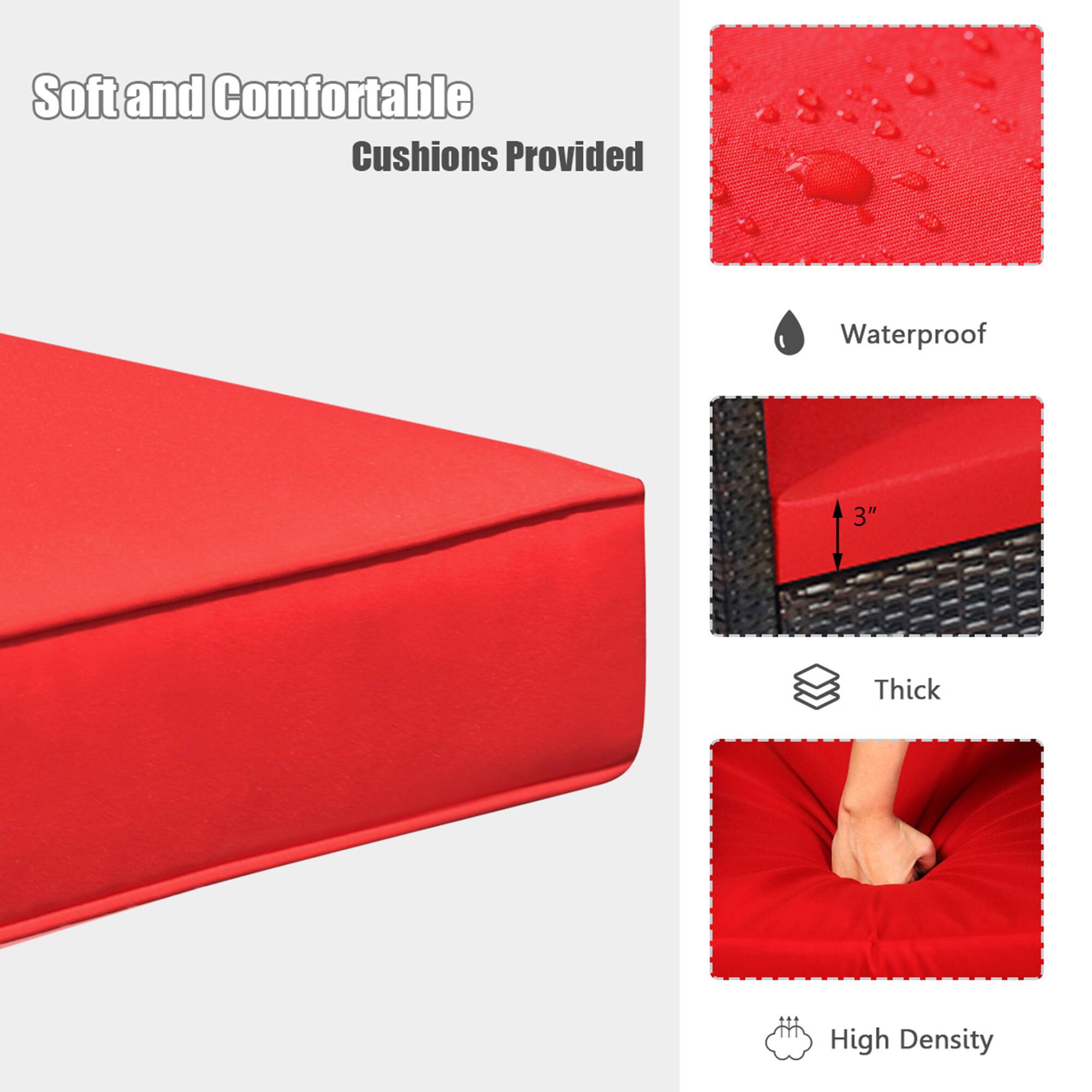 Soft and Comfortable  
Cushions Provided  

- Waterproof  
- 3" Thick  
- High Density