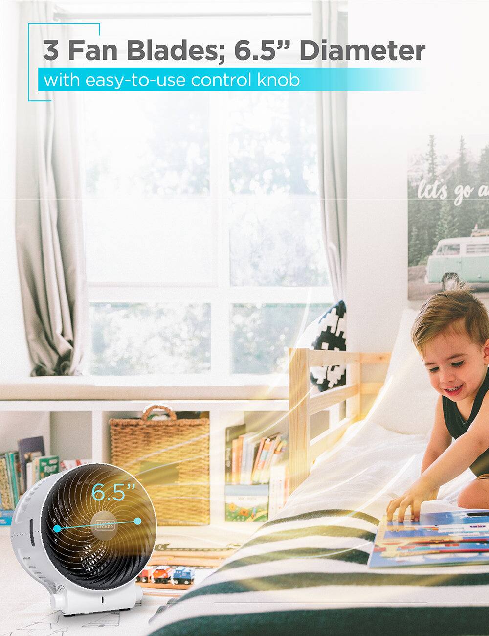 3 Fan Blades; 6.5" Diameter with easy-to-use control knob.