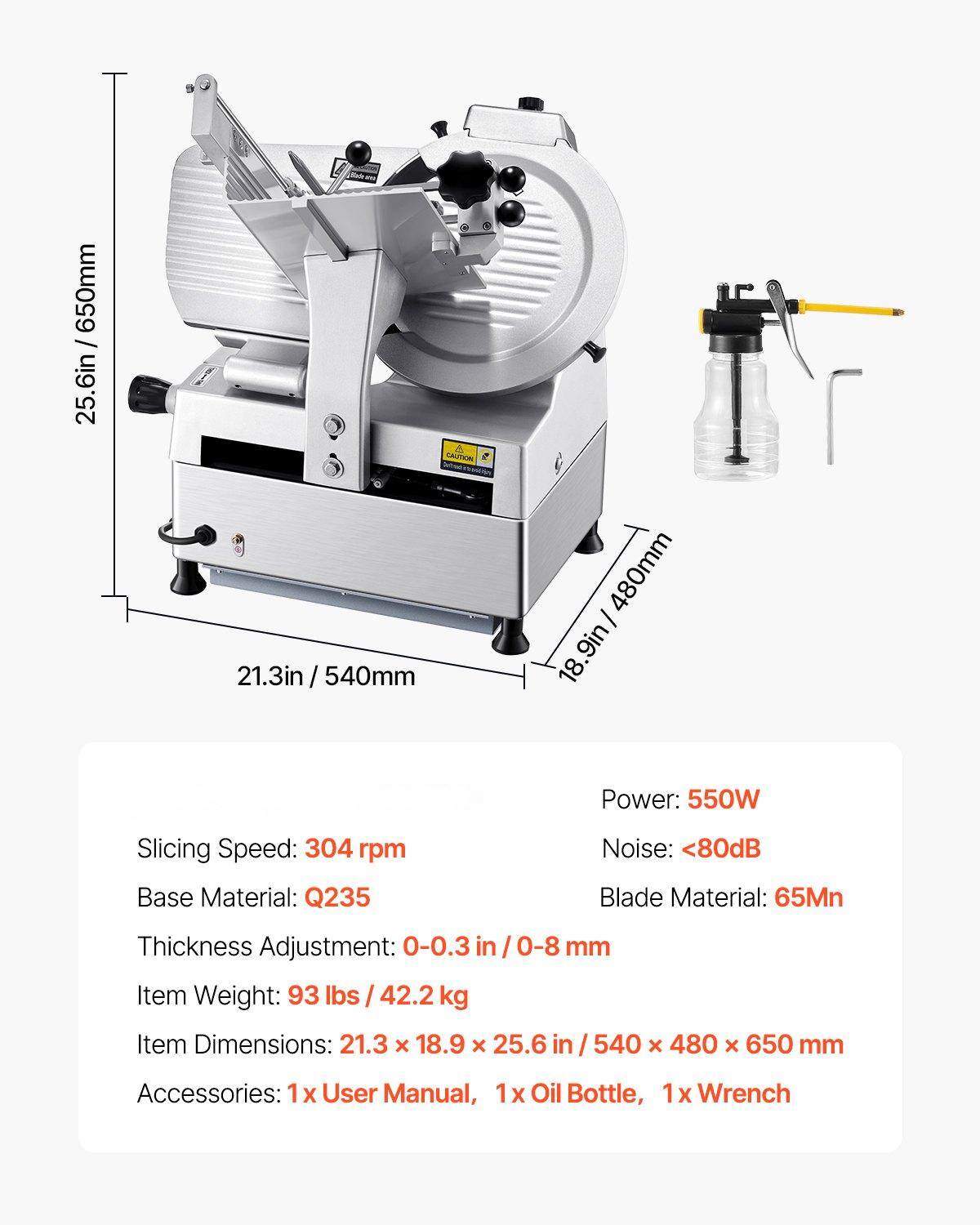 - Power: 550W
- Slicing Speed: 304 rpm
- Base Material: Q235
- Noise: <80dB
- Blade Material: 65Mn
- Thickness Adjustment: 0-0.3 in / 0-8 mm
- Item Weight: 93 lbs / 42.2 kg
- Item Dimensions: 21.3 x 18.9 x 25.6 in / 540 x 480 x 650 mm
- Accessories: 1x User Manual, 1x Oil Bottle, 1x Wrench