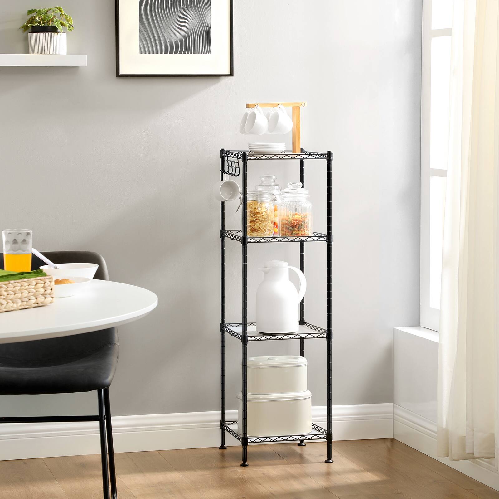 Alt View 1. Songmics Home - 4-Tier Bathroom Shelf, Storage Rack for Small Space, with 4 PP Shelf Liners, Removable Hook, Extendable Design - Ink Black and Translucent.