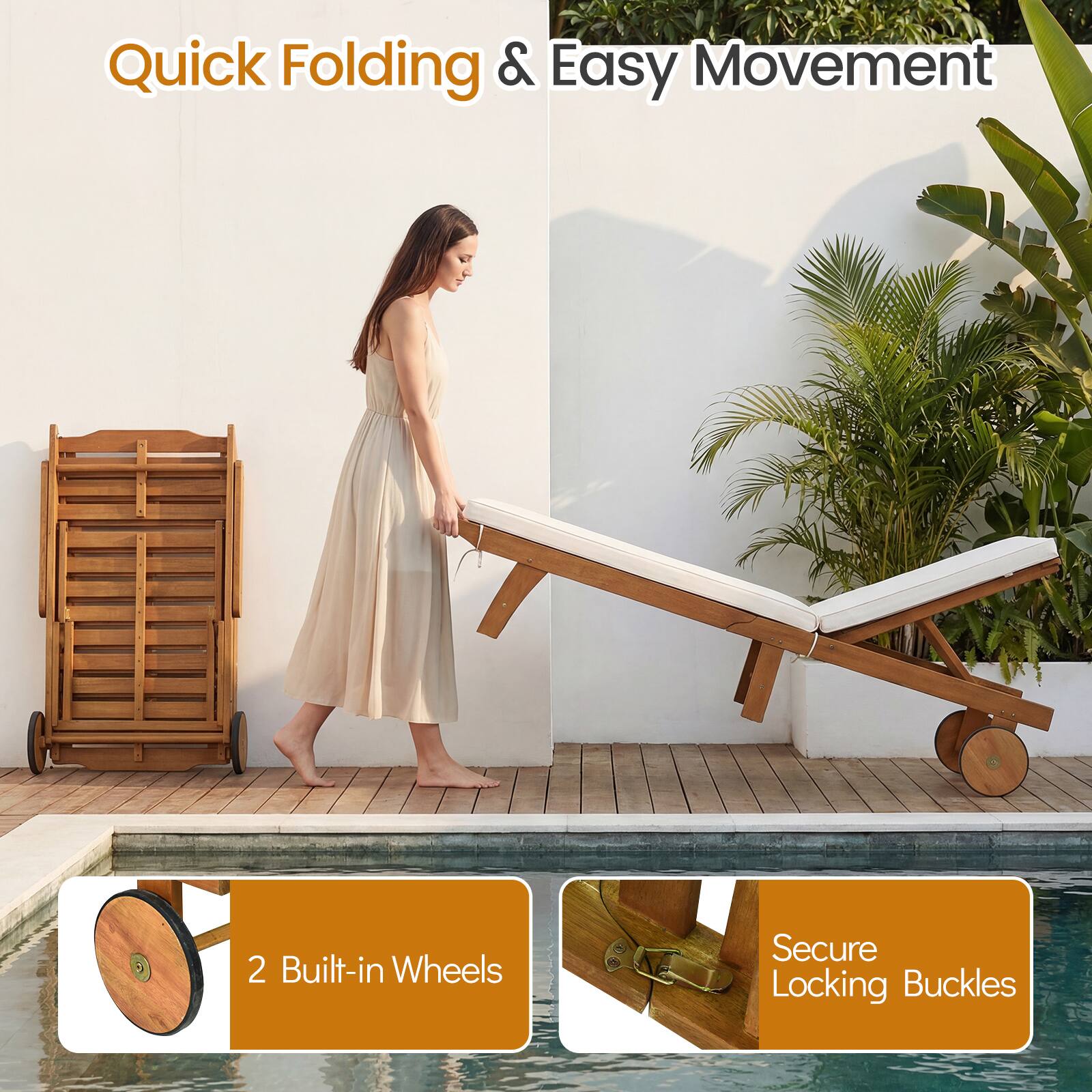 Quick Folding & Easy Movement

2 Built-in Wheels

Secure Locking Buckles