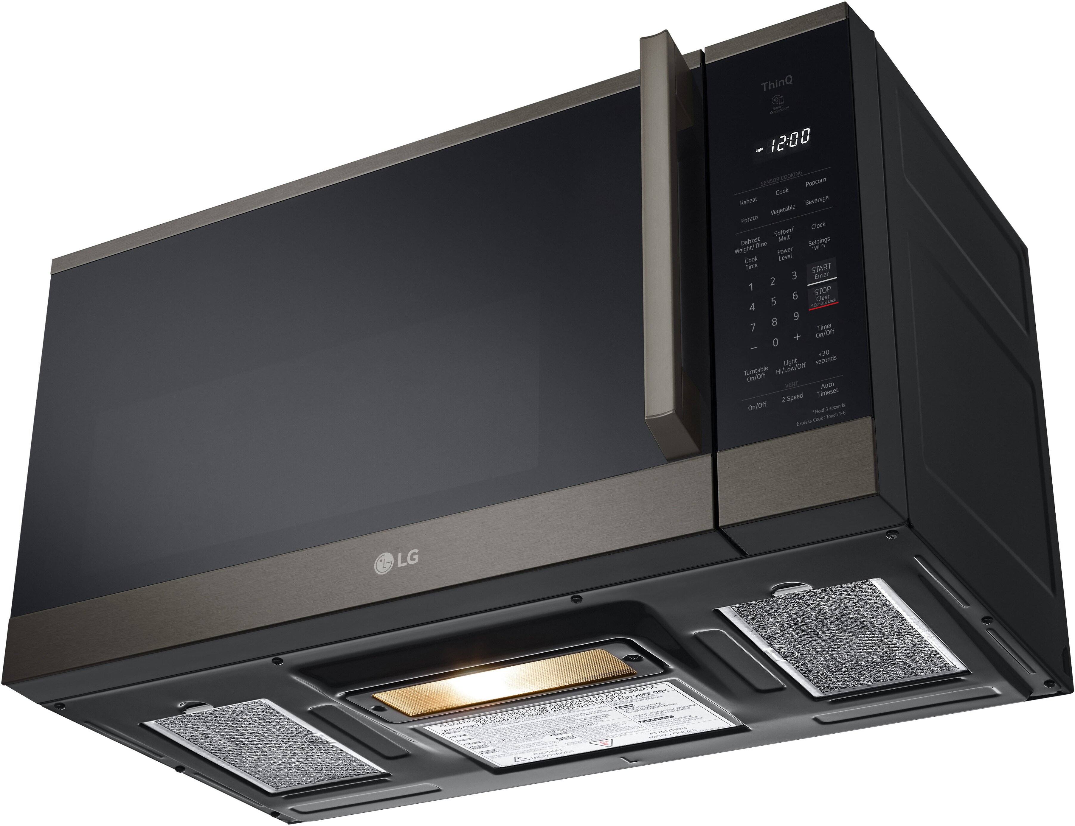 ThinQ  
12:00  

PRESET COOKING  
- Reheat  
- Potato  
- Vegetable  
- Popcorn  
- Beverage  

- Defrost  
- Soften  
- Melt  
- Cook  
- Power Level  

1 2 3  
4 5 6  
7 8 9  
0  

START  
STOP  

Clock  
Settings  
Timer Off  
Turntable On/Off  
Light  
High/Low  
2 Speed  
Time/Date  
Auto Speed  
Turntable  
On/Off  

LG