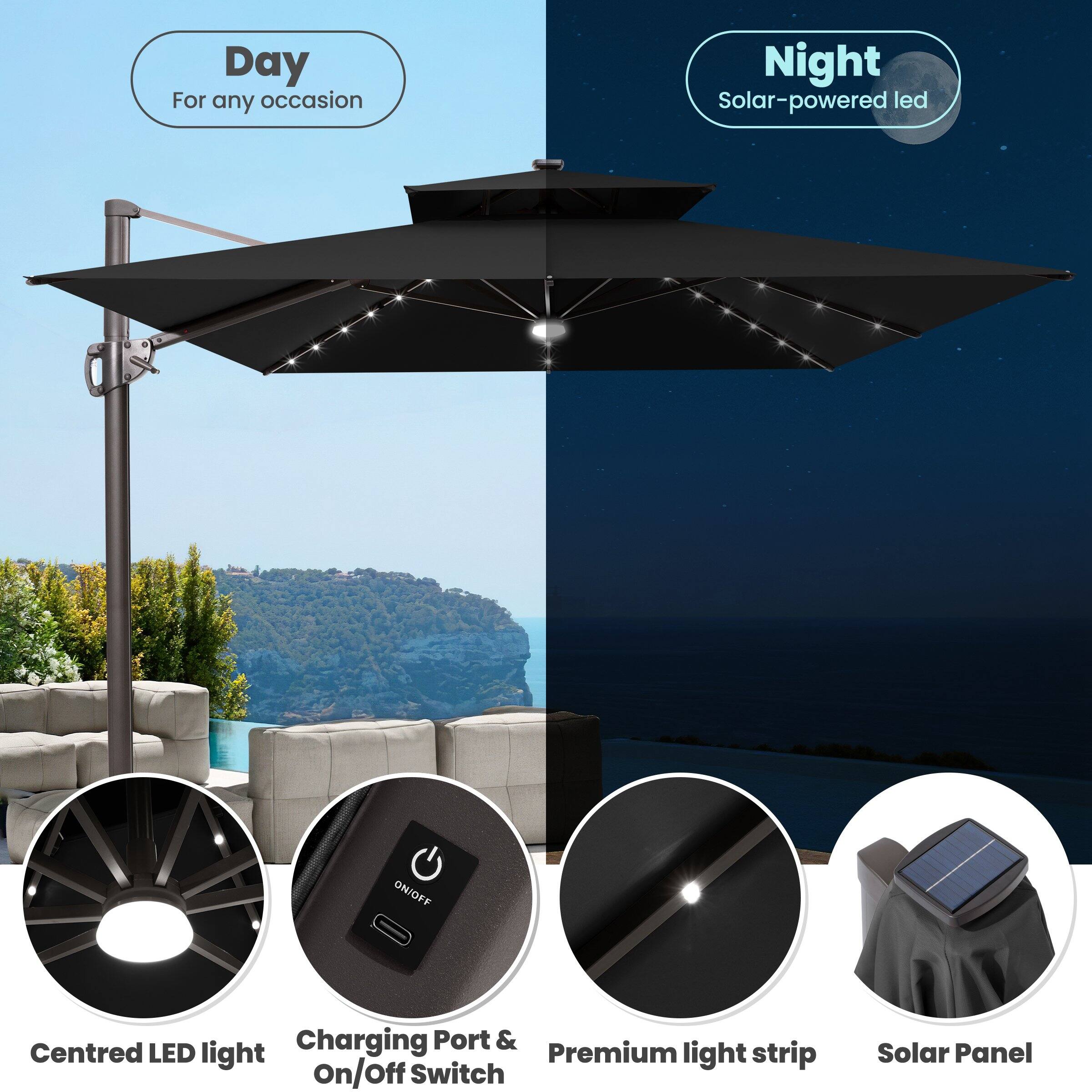 - Day
  - For any occasion

- Night
  - Solar-powered LED

- Centred LED light

- Charging Port & On/Off Switch

- Premium light strip

- Solar Panel