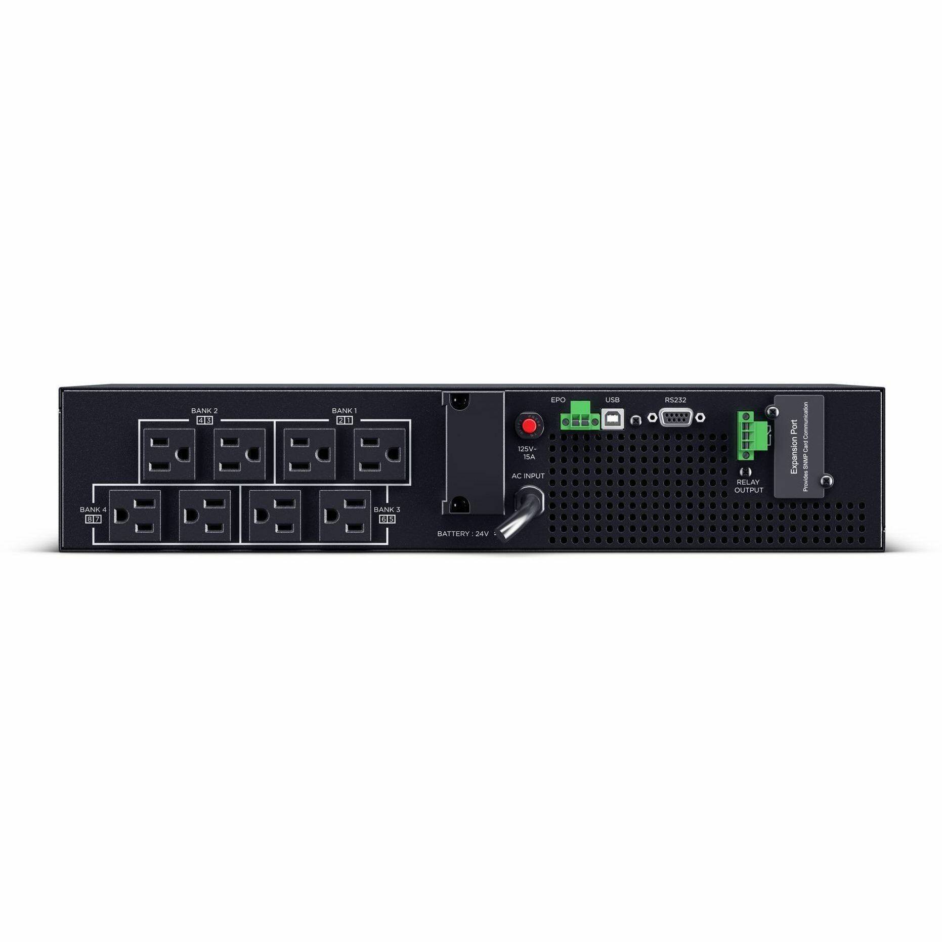 BANK 12  
BANK2 LA  
BANK1 an  
BANKS 1 08  
EPO 125V- BA AC INPUT  
USB  
RS352 0 0 .... 0  
(1) RELAY OUTPUT  
Port Expansion  
Communication Card SNMP PREVIRES  
BATTERY:24V