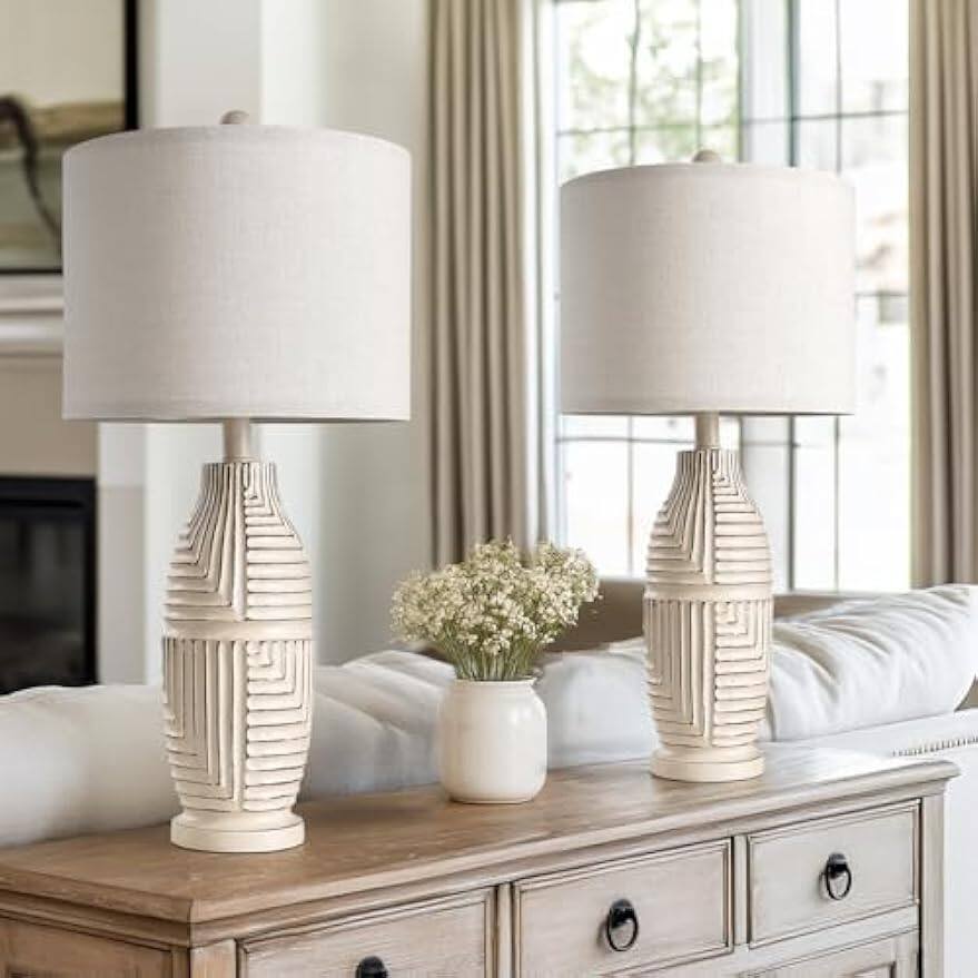 Front. Cozy Serene - Table Lamp Lamp Vintage Resin Farmhouse Rustic Lamps Living Room Bedside Nightstand with Linen Lampshades - 2 Pack Rotary Switch-Beige.
