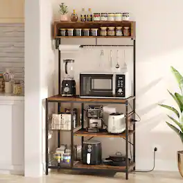 Bestier - 5-Tier Bakers Rack with Power Outlet, Microwave Stand & Coffee Bar with 10 Hooks - Rustic Brown
