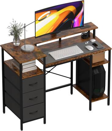 Front. Winado - 47" L-Shaped Computer Gaming Desk with Fabric Drawers & Storage Shelves,Charging Station,Monitor Stand for Home Office - Rustic Brown.