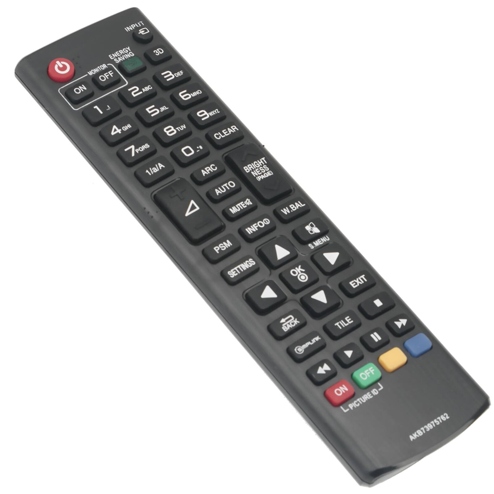 INPUT ENERGY 3D MONITOR OFF 3DEF ON 2 ABC MNO 6 1 ,,, 5 JKL 9WXYZ 4 GHI 8TUV CLEAR /PORS O." 1/a/A ARC BRIGHT NESS (PAGE) AUTO MUTE W.BAL INFOO PSM S MENU SETTINGS OK EXIT BACK TILE Il @MPLINK  OFF ON  L PICTURE AKB73975762