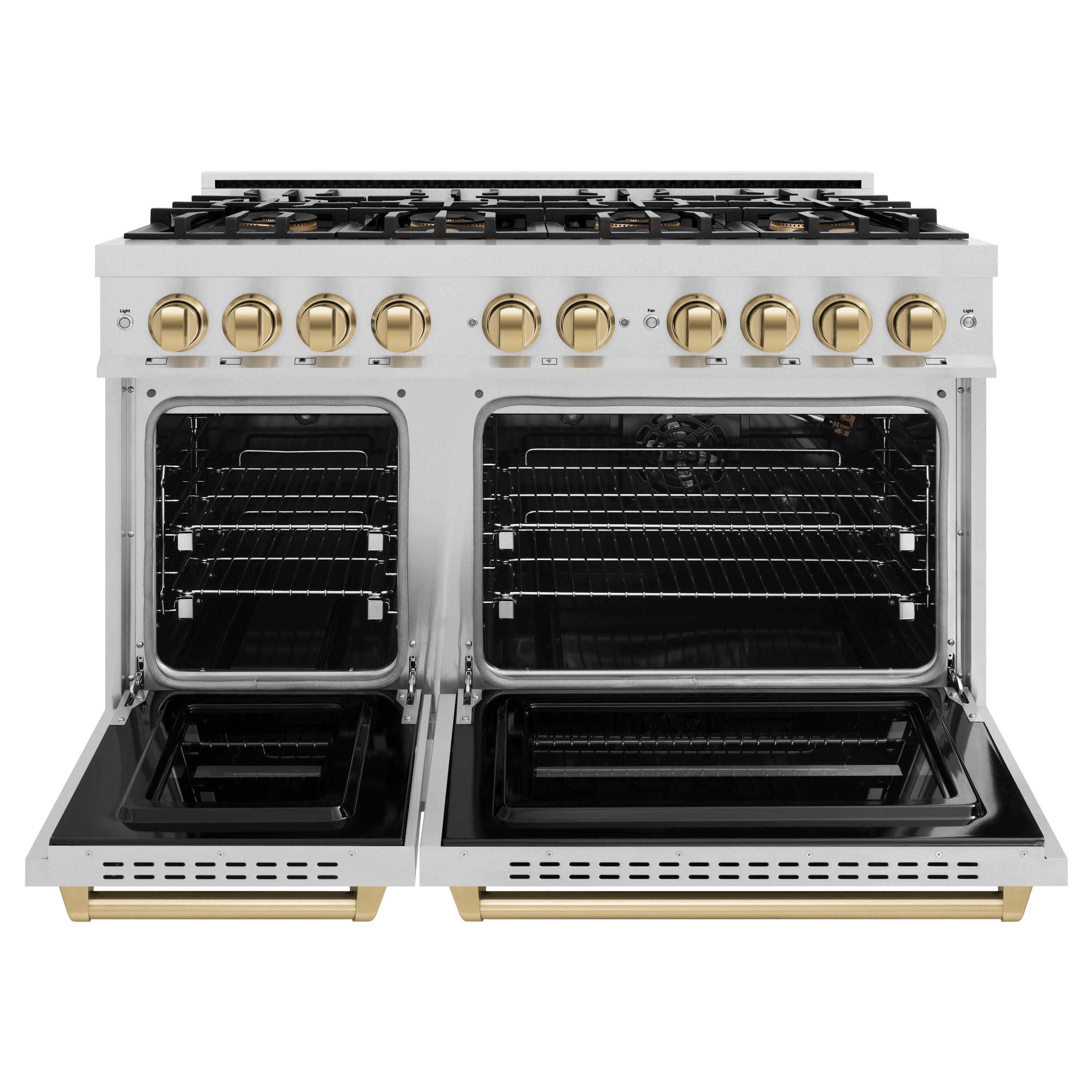 Angle. ZLINE - Autograph 48 in. 6.7 cu. ft. Classic Freestanding DuoPro Gas Range with Convection Oven & Champagne Bronze Accents - Stainless Steel.