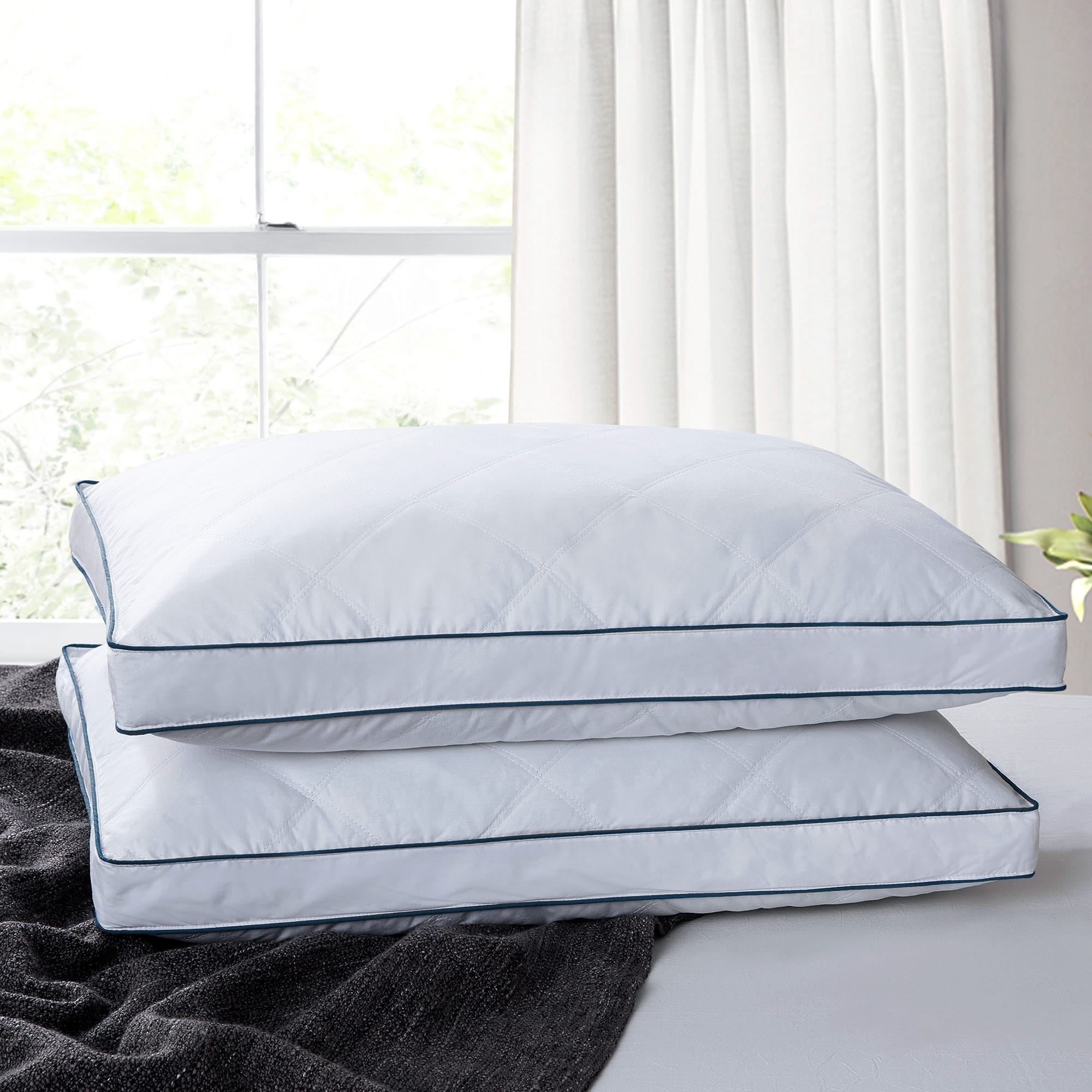 Peace Nest - Goose Feather Down Pillow Quilted Cotton Cover Set of 2 - White