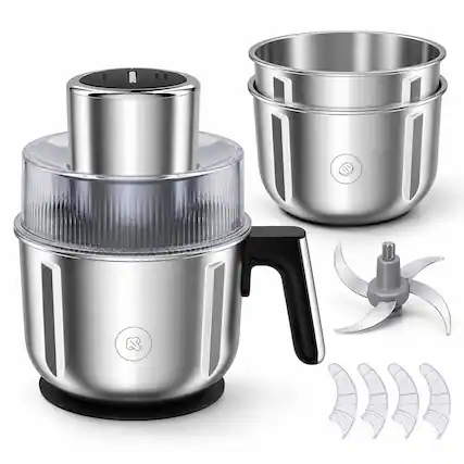 Front. YASHE - Food Processor with 3 Bowls, 350W Meat Grinder & Vegetable Chopper - Silver.