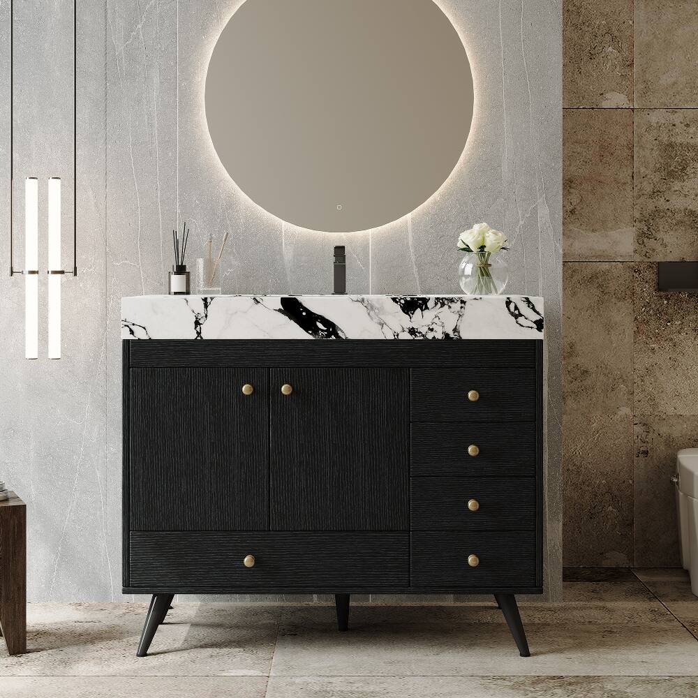Loheer - 36 inch freestanding bathroom vanity black and gold modern vanity faux marble top - Black, Gold, White