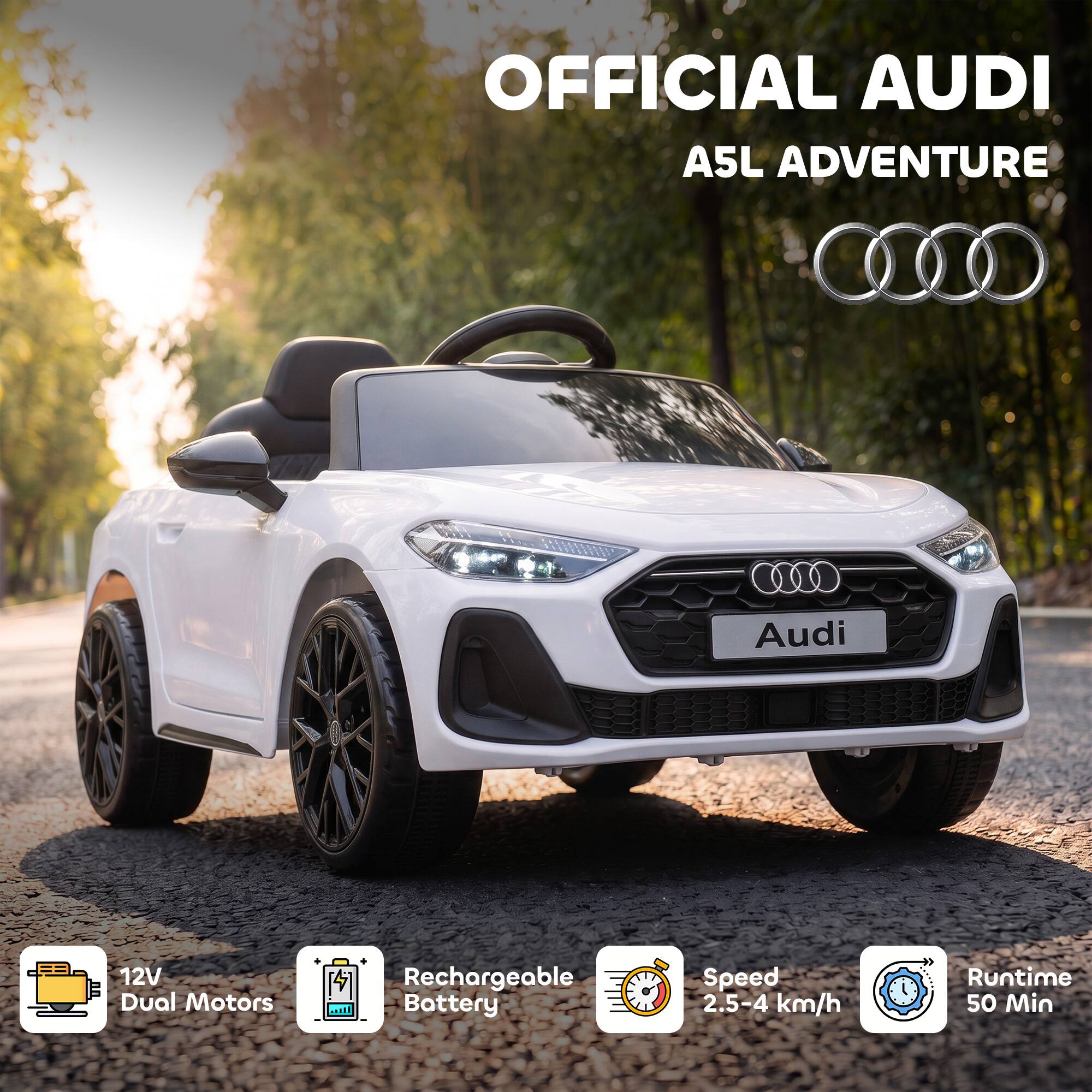 OFFICIAL AUDI A5L ADVENTURE

Audi

12V Dual Motors

Rechargeable Battery

Speed 2.5-4 km/h

Runtime 50 Min