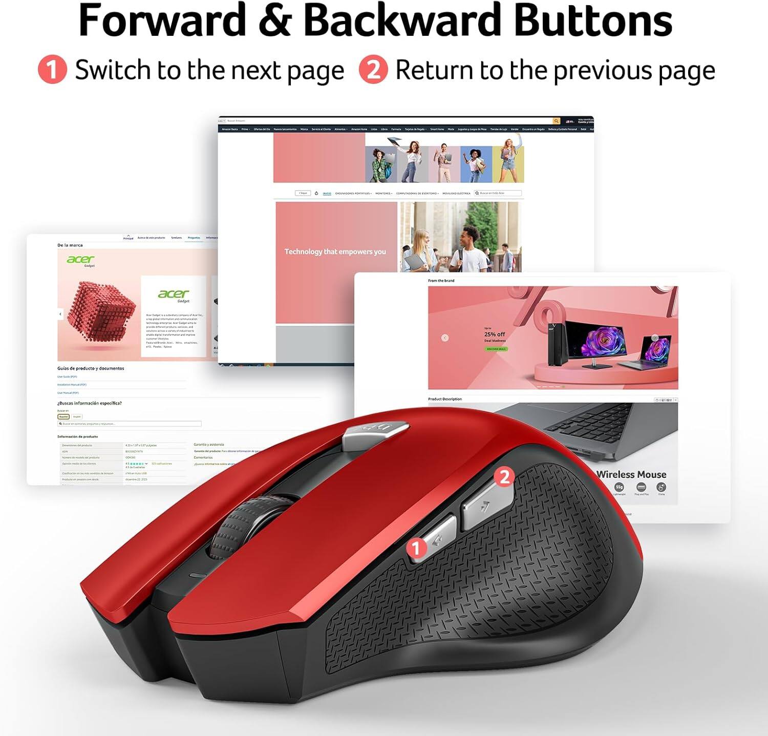 Forward & Backward Buttons

1. Switch to the next page
2. Return to the previous page

Acer - Technology that empowers you

Wireless Mouse