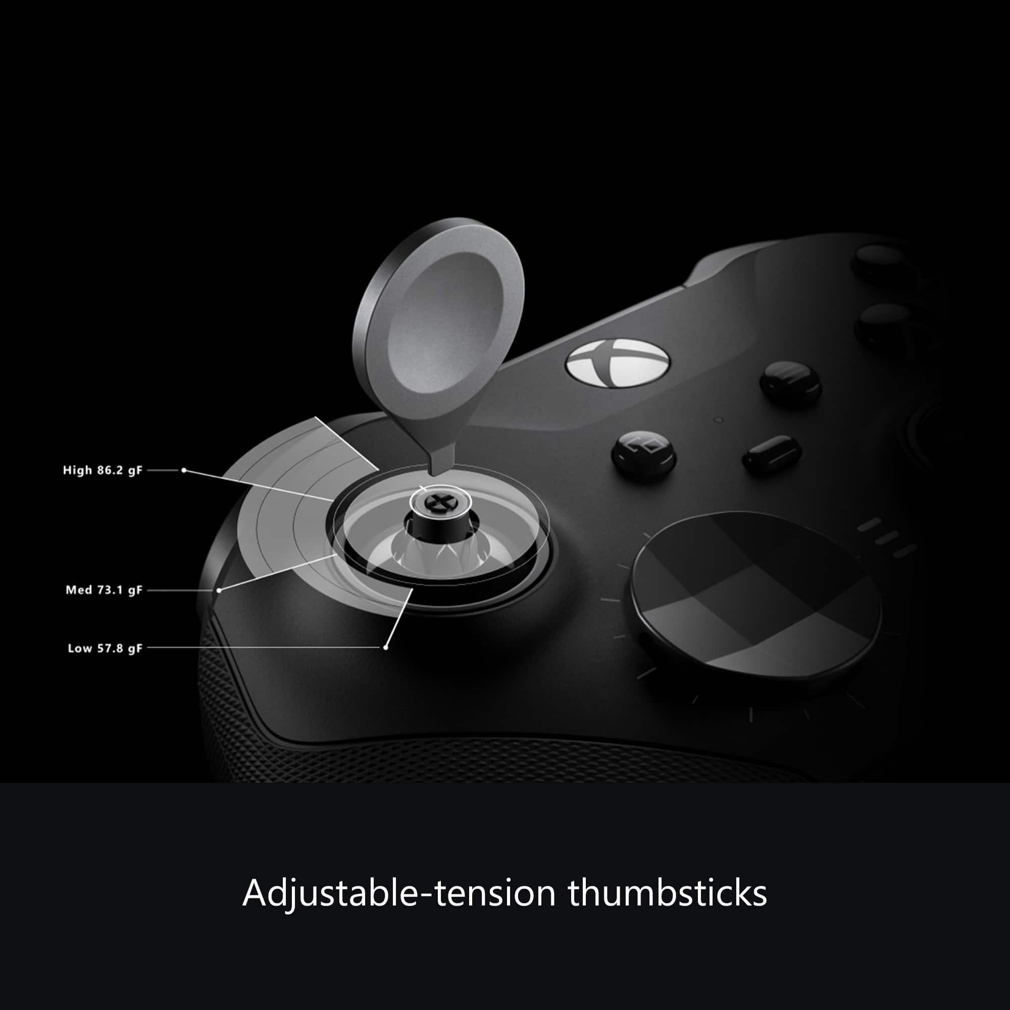 High 86.2 gF, Med 73.1 gF, Low 57.8 gF, Adjustable-tension thumbsticks