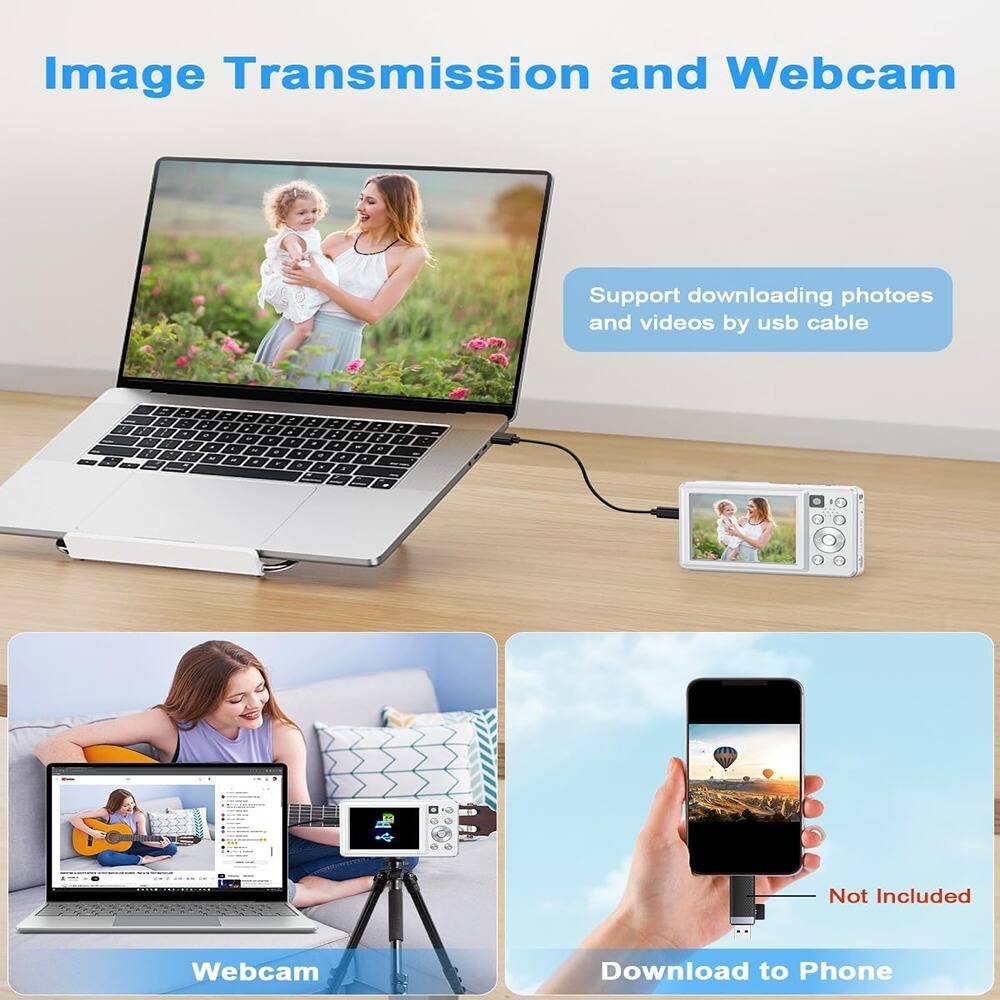 Image Transmission and Webcam

- Support downloading photos and videos by USB cable
- Webcam
- Download to Phone (Not Included)