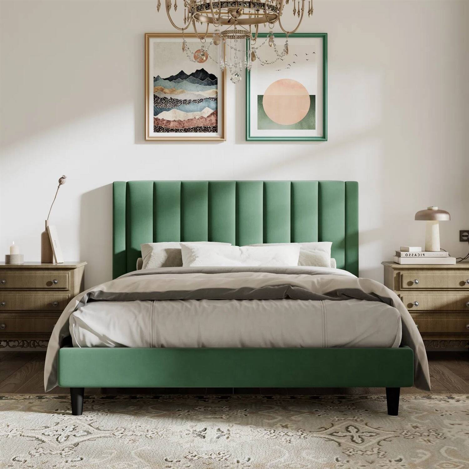 Hivvago - Queen size Velvet Upholstered Platform Bed Frame with Headboard - Green