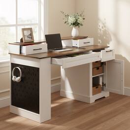 Boyel Living - 55 Inch Farmhouse Desk with Barn Door Cabinet and Charging Station and Brown - White