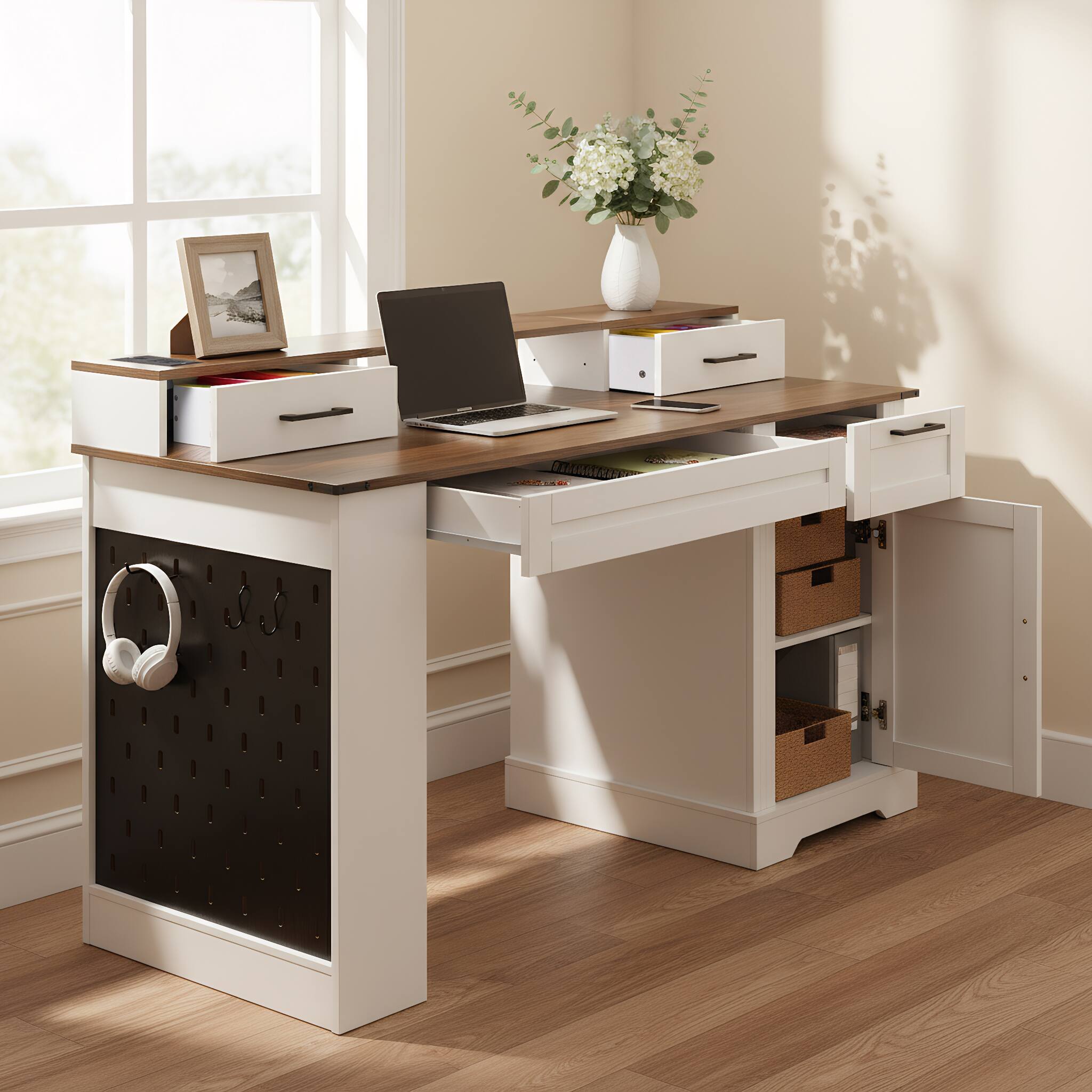 Front. Boyel Living - 55 Inch Farmhouse Desk with Barn Door Cabinet and Charging Station White and Brown - White.