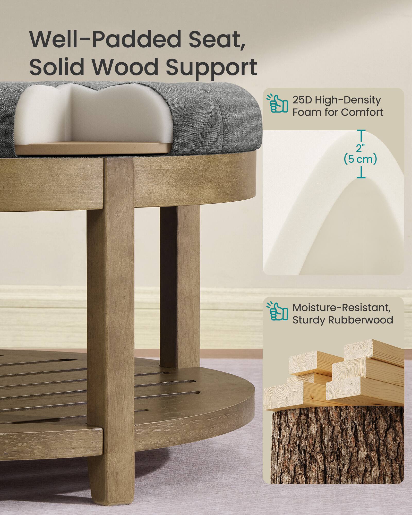 Well-Padded Seat, Solid Wood Support  
25D High-Density Foam for Comfort  
T 2" (5 cm)  
Moisture-Resistant, Sturdy Rubberwood