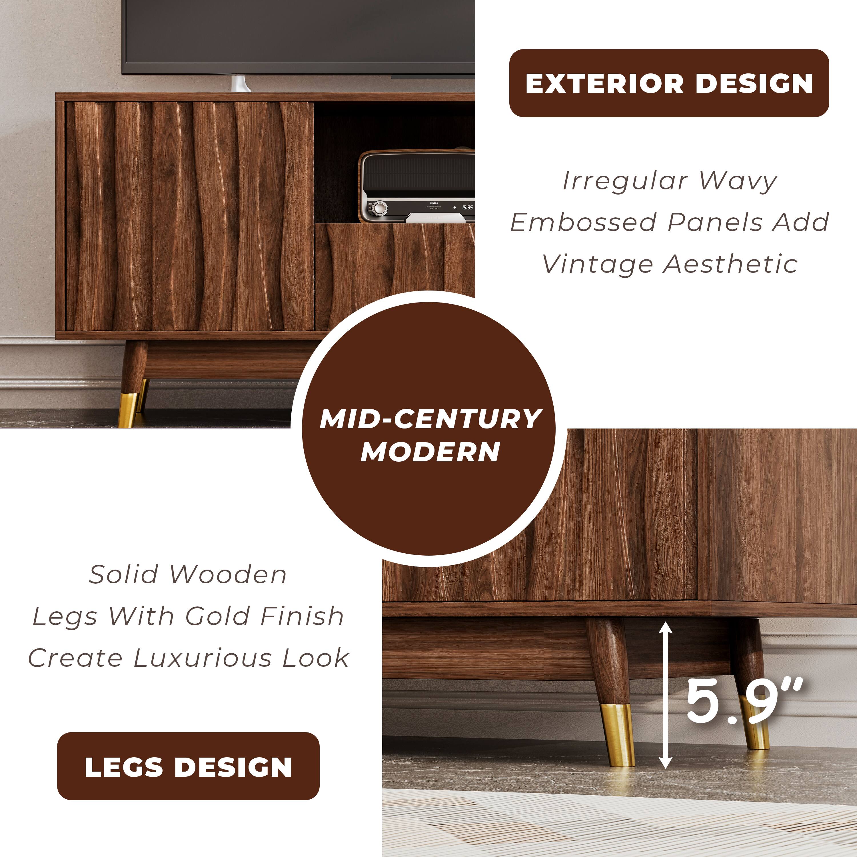 **EXTERIOR DESIGN**  
Irregular Wavy Embossed Panels Add Vintage Aesthetic  

**MID-CENTURY MODERN**  

**LEGS DESIGN**  
Solid Wooden Legs With Gold Finish Create Luxurious Look  

5.9"