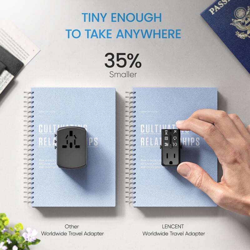 TINY ENOUGH TO TAKE ANYWHERE

35% Smaller

CULTIVATING RELATIONSHIPS

Other Worldwide Travel Adapter

LENCENT Worldwide Travel Adapter