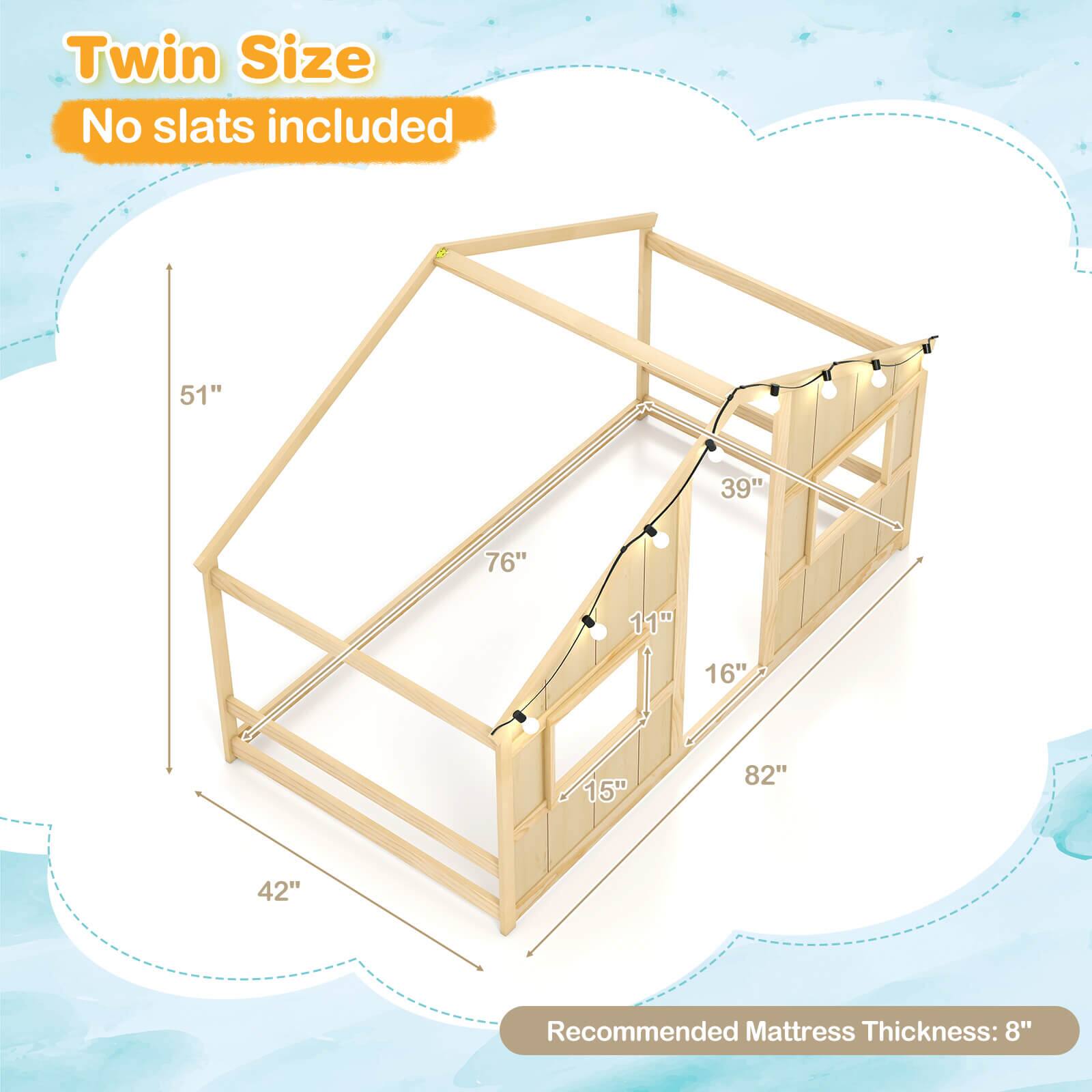 Twin Size  
No slats included  

51"  
39"  
76"  
11"  
16"  
15"  
82"  
42"  

Recommended Mattress Thickness: 8"