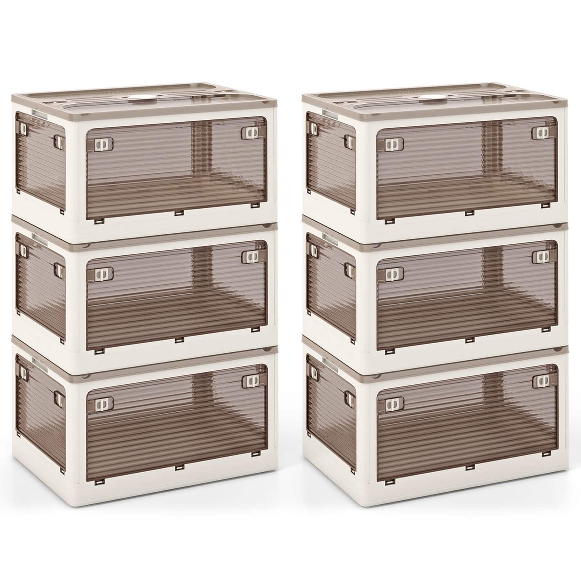 Costway - 6 Pack Stackable Storage Bins with Lids 34.5 Gallon Collapsible Plastic Container Box - Cream White,Clear Brown