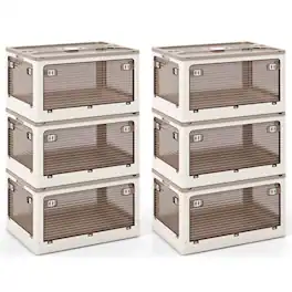 Costway - 6 Pack Stackable Storage Bins with Lids 34.5 Gallon Collapsible Plastic Container Box - Cream White,Clear Brown